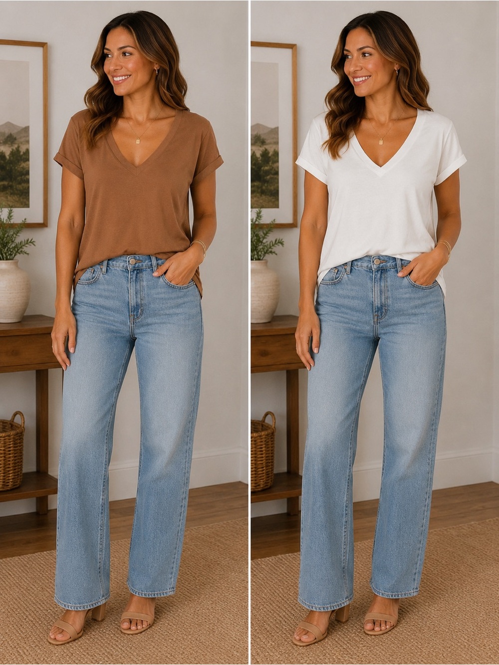 Two Tee Shirt Bundle 2 Pack V Neck Tee Bundle White Camel Brown Cotton Modal XXL